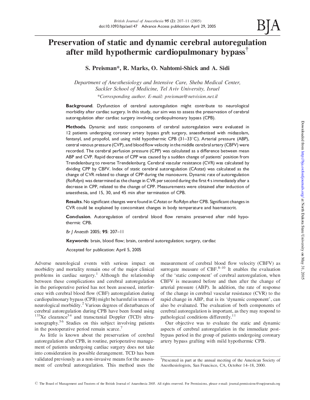 Preservation of static and dynamic cerebral autoregulation after mild hypothermic cardiopulmonary bypassâ 