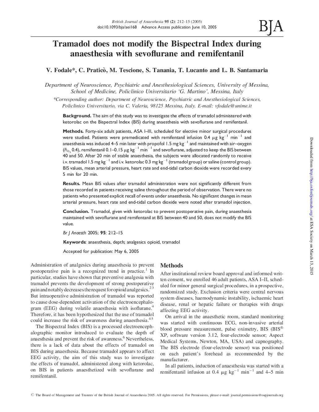 Tramadol does not modify the Bispectral Index during anaesthesia with sevoflurane and remifentanil