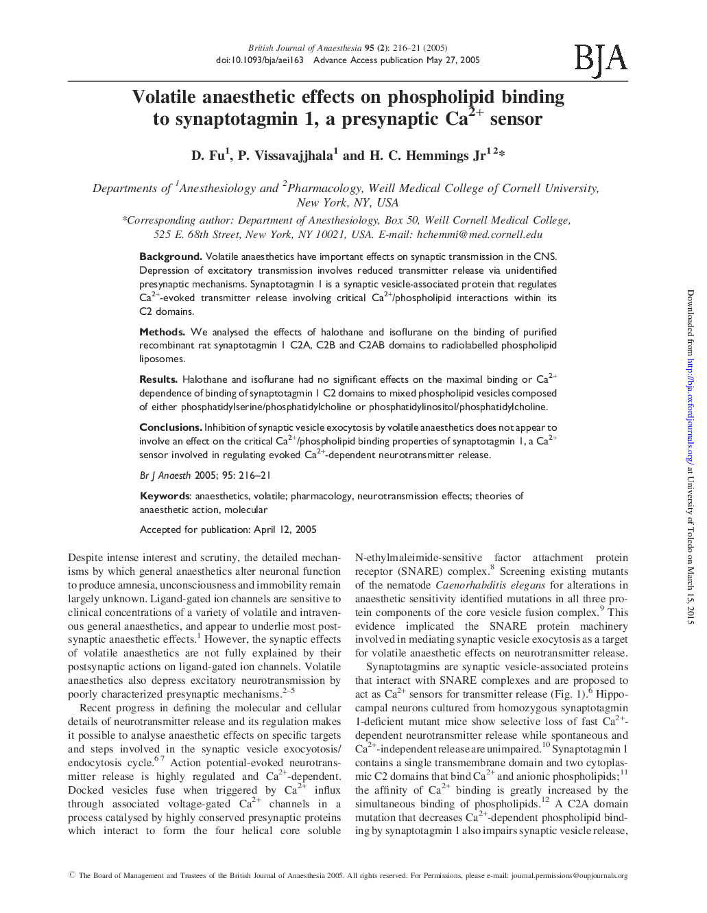 Volatile anaesthetic effects on phospholipid binding to synaptotagmin 1, a presynaptic Ca2+ sensor