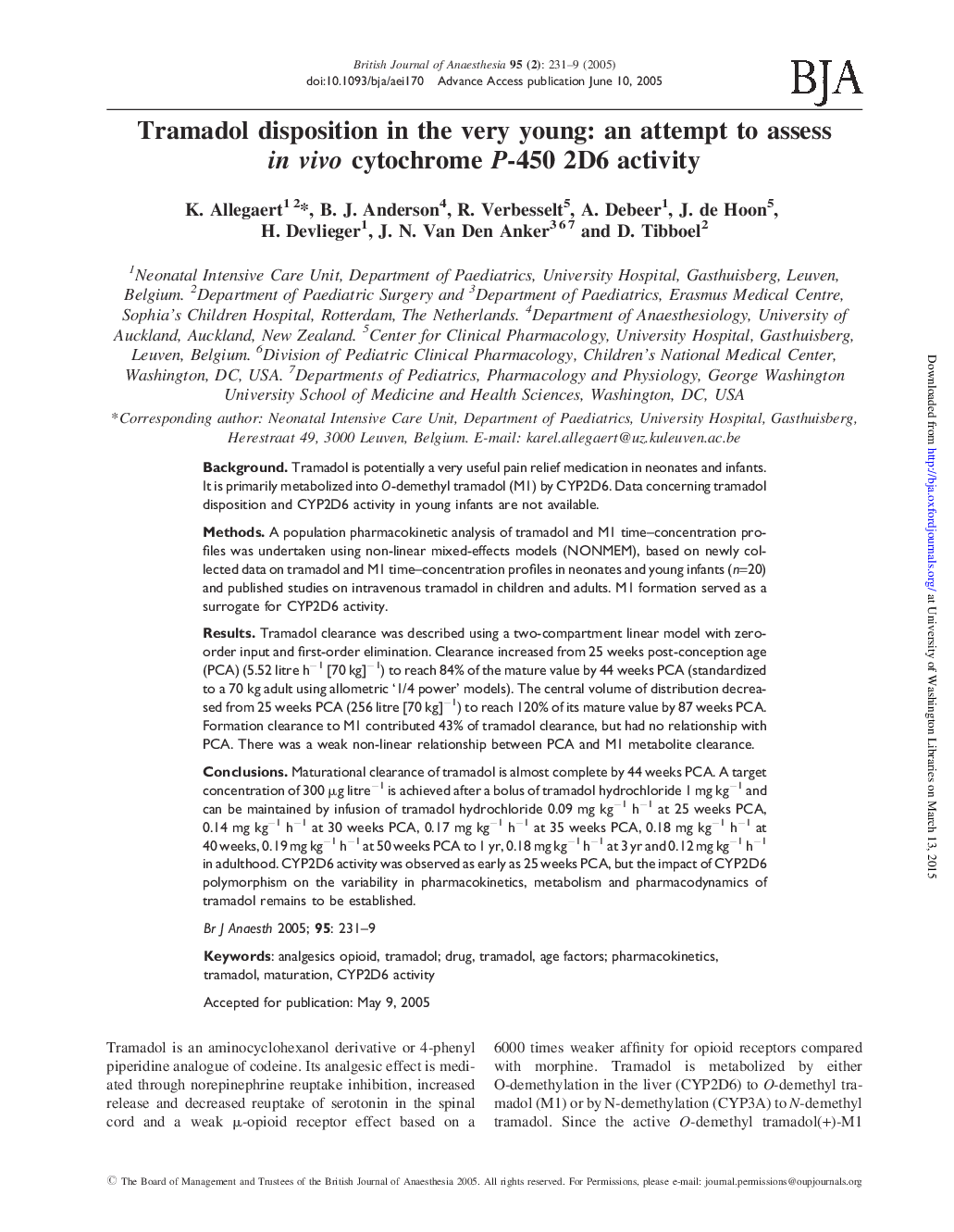 Tramadol disposition in the very young: an attempt to assess in vivo cytochrome P-450 2D6 activity