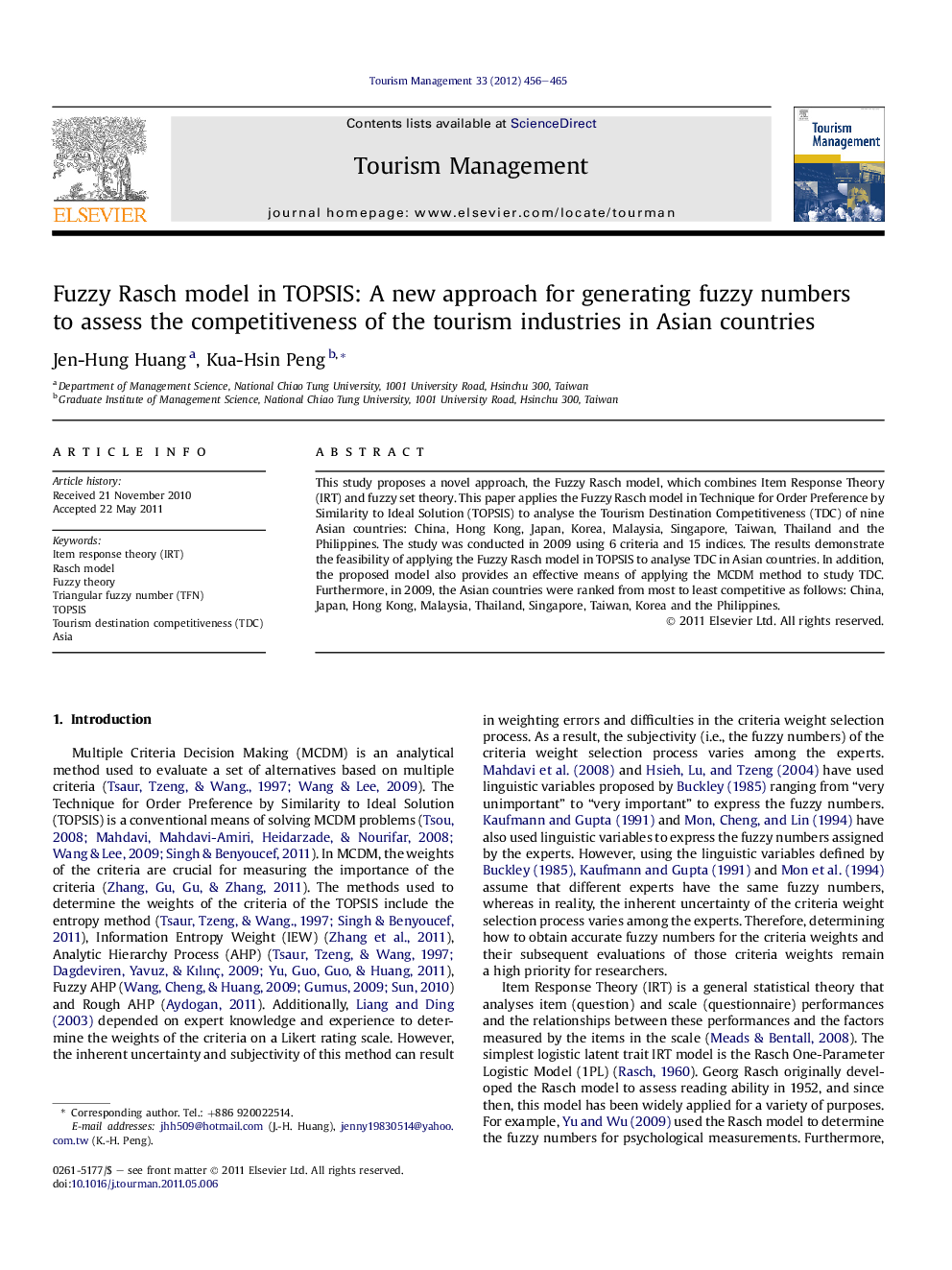 Fuzzy Rasch model in TOPSIS: A new approach for generating fuzzy numbers to assess the competitiveness of the tourism industries in Asian countries