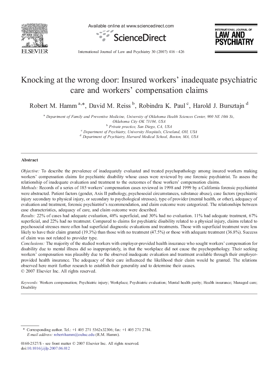 Knocking at the wrong door: Insured workers' inadequate psychiatric care and workers' compensation claims