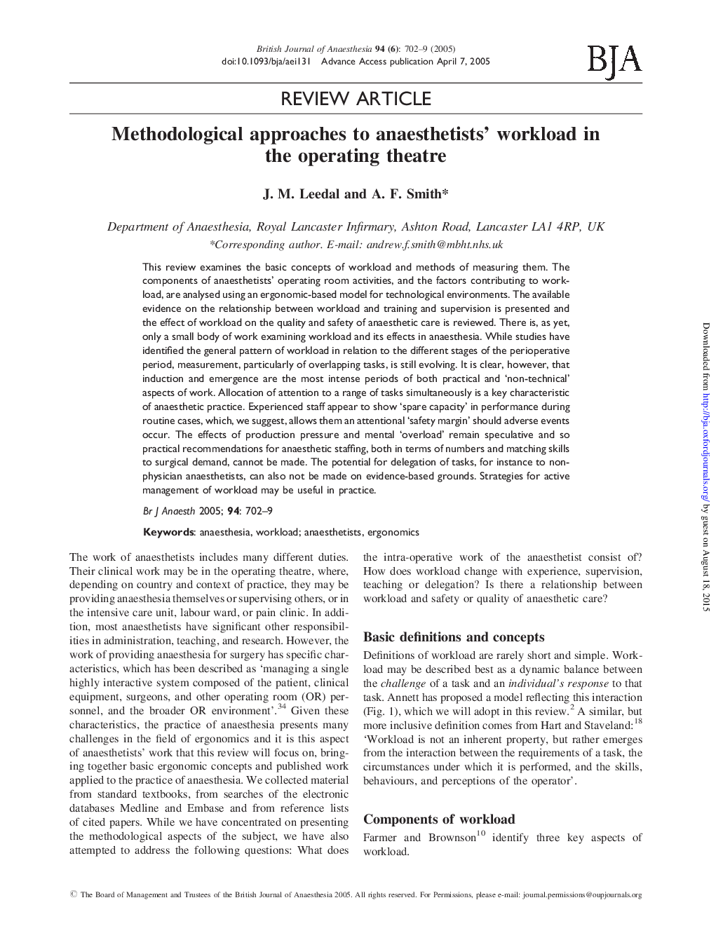 Methodological approaches to anaesthetists' workload in the operating theatre