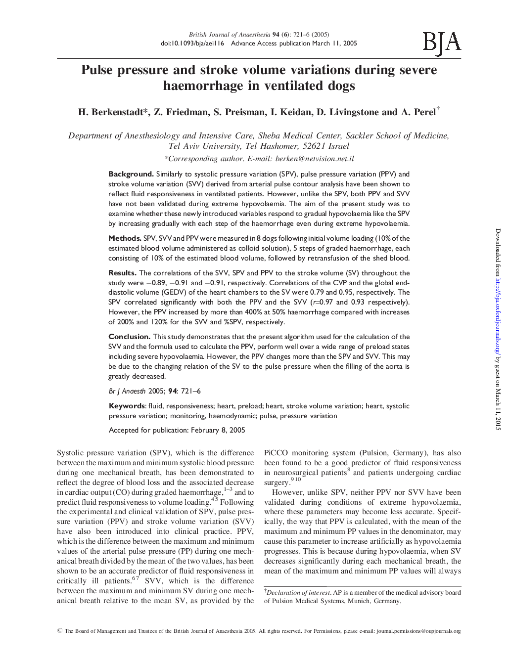 عکس صفحه اول مقاله: Pulse pressure and stroke volume variations during severe haemorrhage in ventilated dogs Pulse pressure and stroke volume variations during severe haemorrhage in ventilated dogs