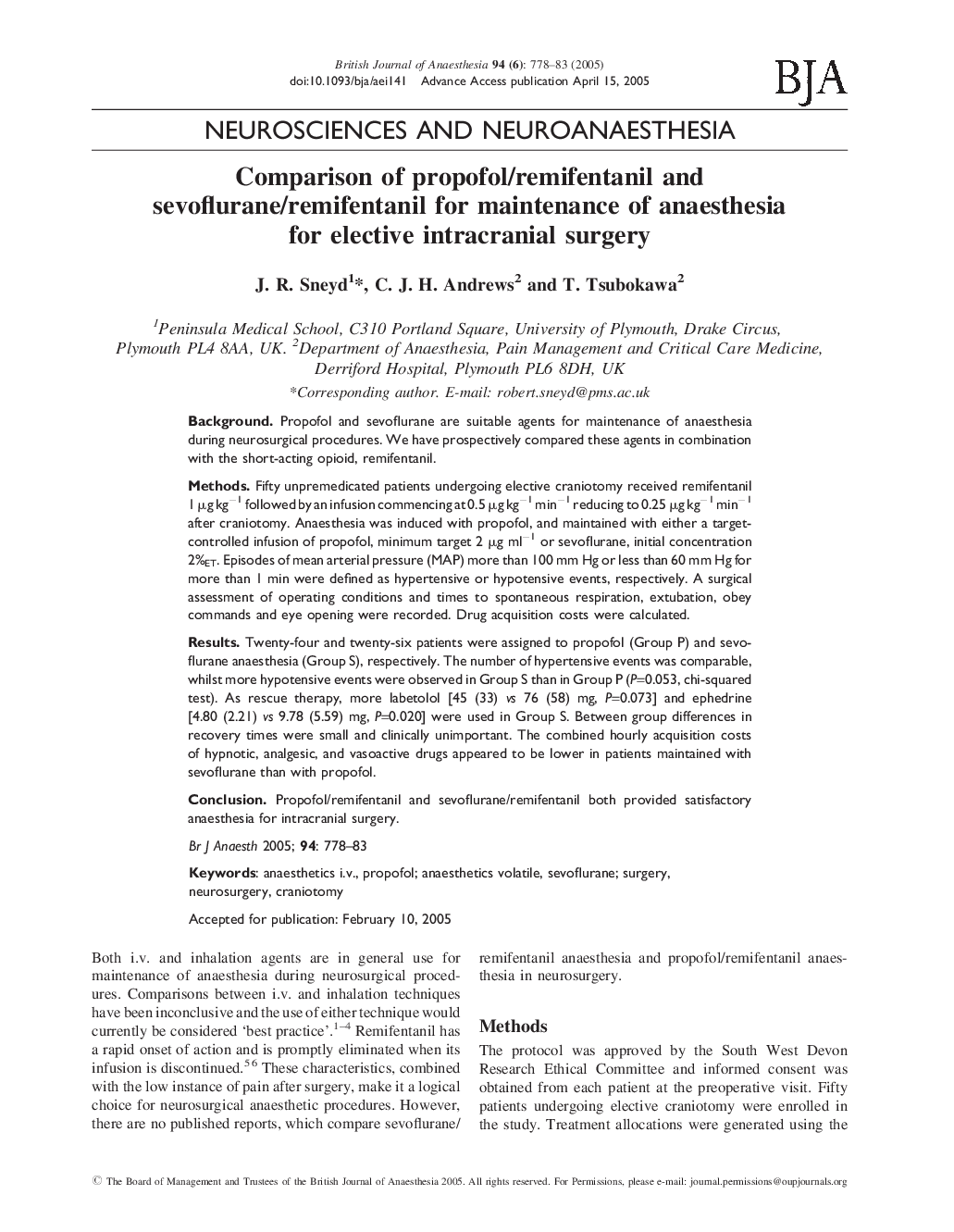 Comparison of propofol/remifentanil and sevoflurane/remifentanil for maintenance of anaesthesia for elective intracranial surgery