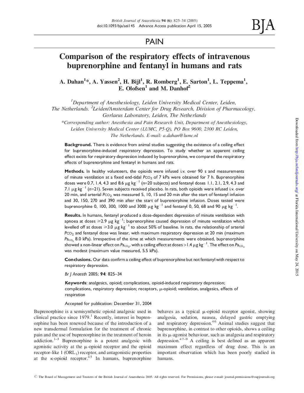 Comparison of the respiratory effects of intravenous buprenorphine and fentanyl in humans and rats