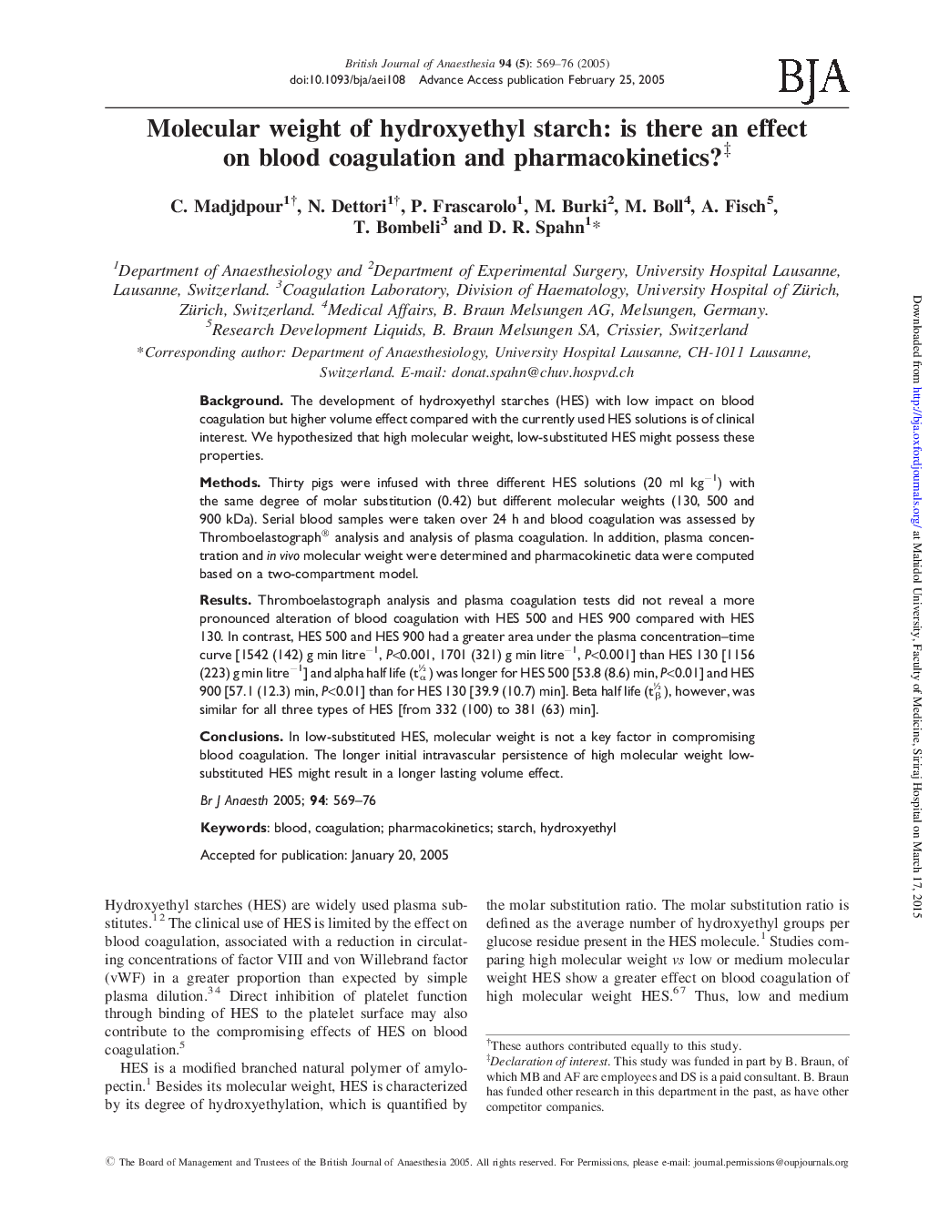 Molecular weight of hydroxyethyl starch: is there an effect on blood coagulation and pharmacokinetics?â¡