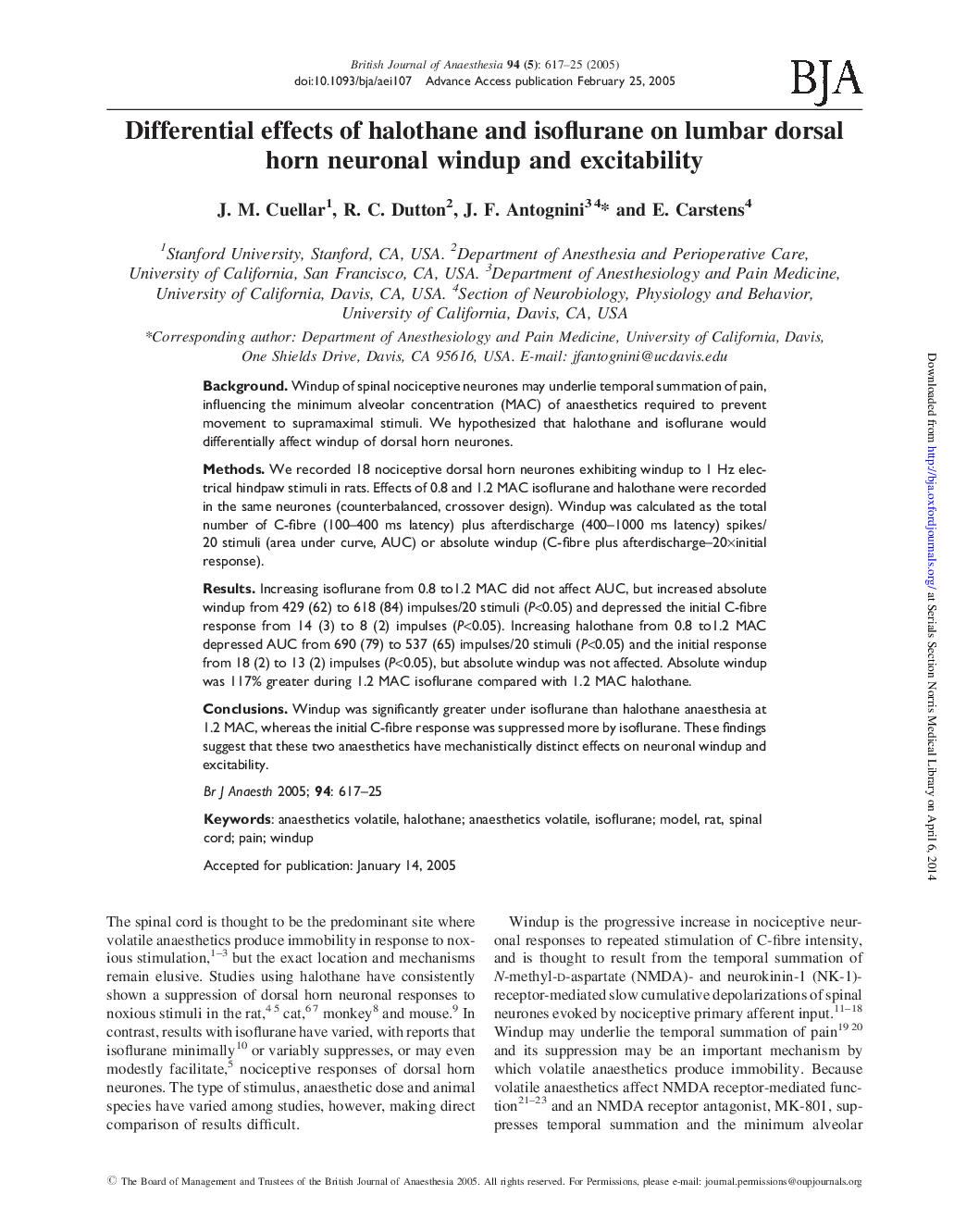 Differential effects of halothane and isoflurane on lumbar dorsal horn neuronal windup and excitability