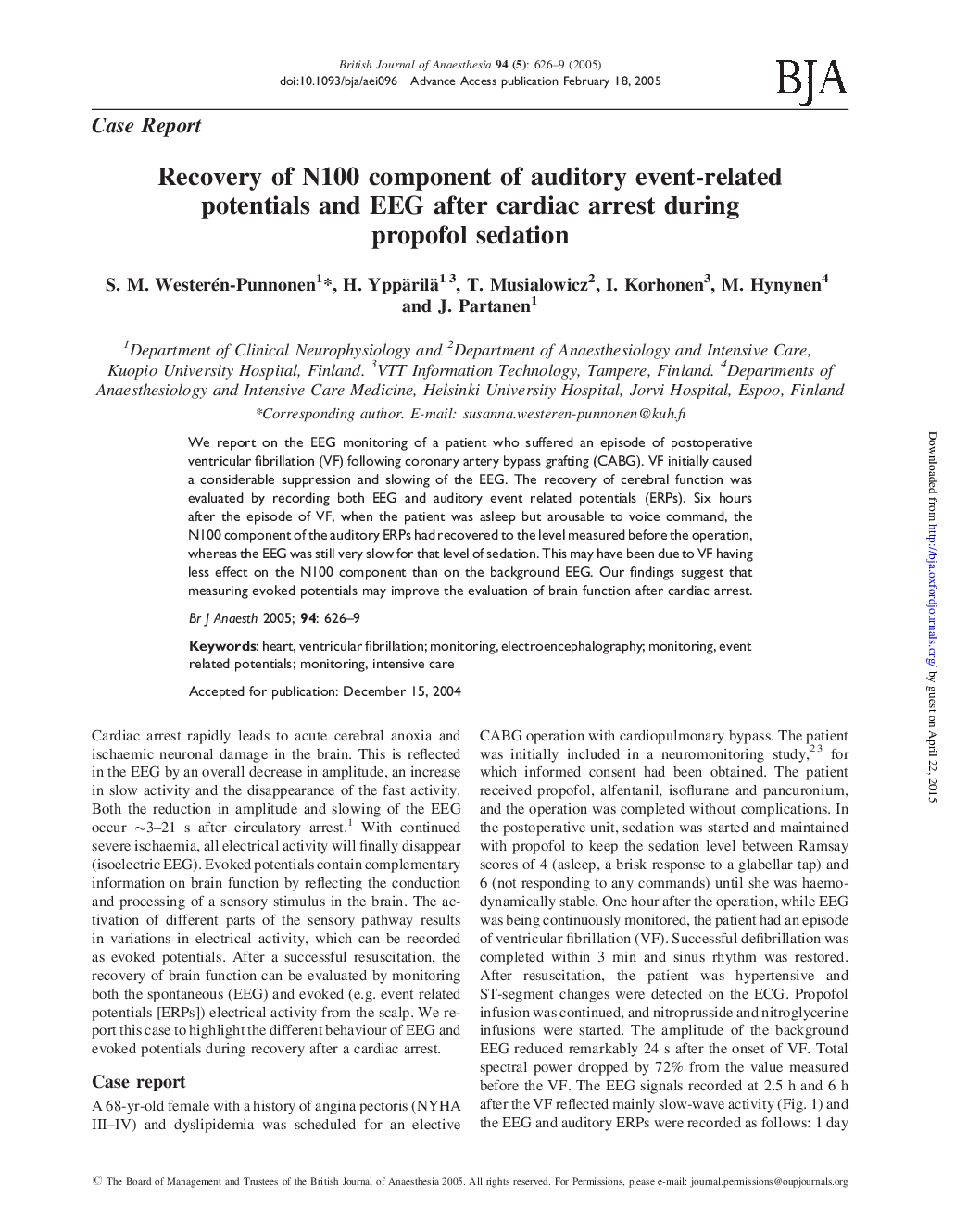 Recovery of N100 component of auditory event-related potentials and EEG after cardiac arrest during propofol sedation