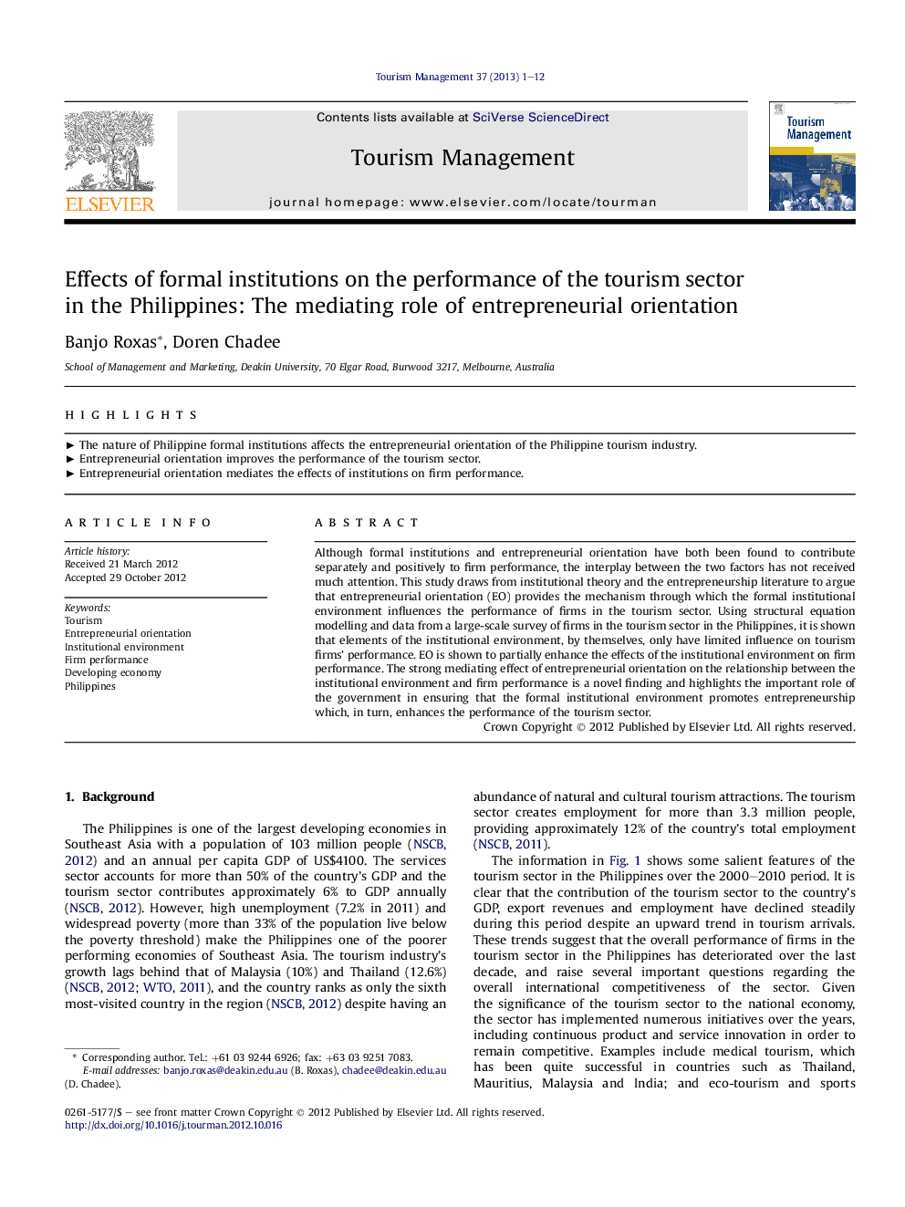 Effects of formal institutions on the performance of the tourism sector in the Philippines: The mediating role of entrepreneurial orientation