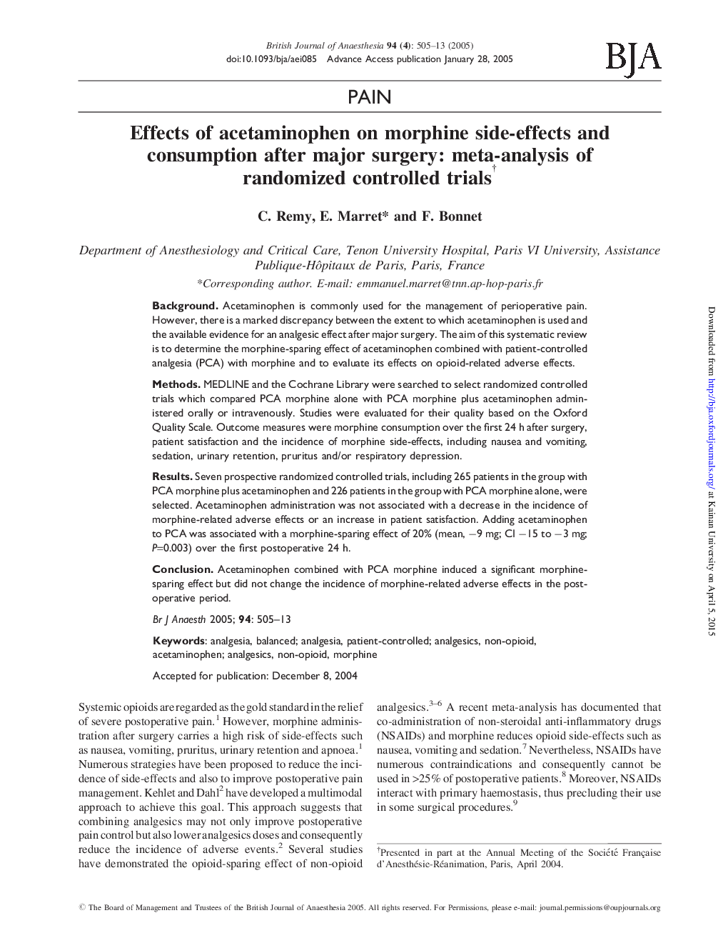 Effects of acetaminophen on morphine side-effects and consumption after major surgery: meta-analysis of randomized controlled trialsâ 