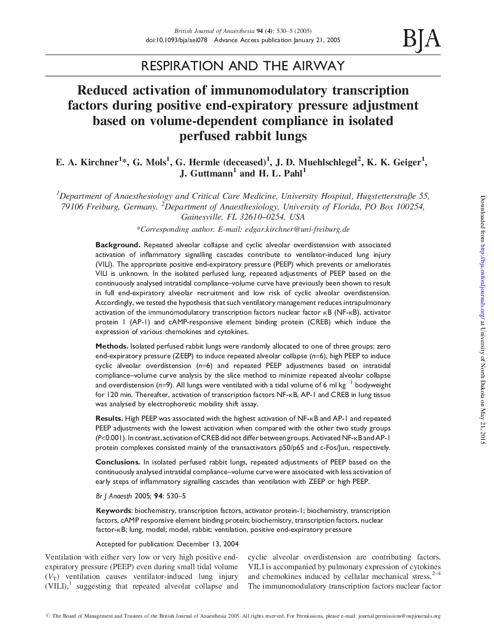 Reduced activation of immunomodulatory transcription factors during positive end-expiratory pressure adjustment based on volume-dependent compliance in isolated perfused rabbit lungs