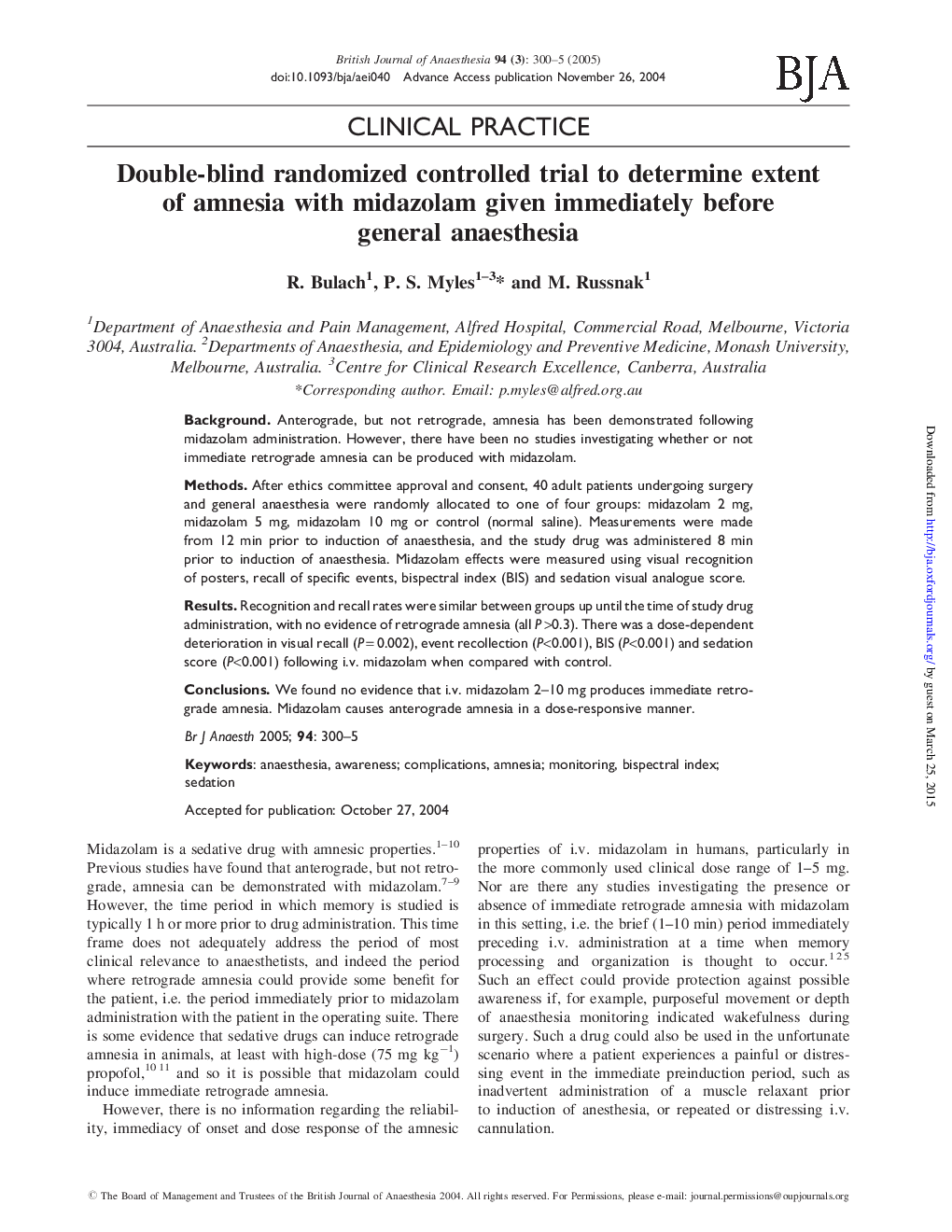 Double-blind randomized controlled trial to determine extent of amnesia with midazolam given immediately before general anaesthesia