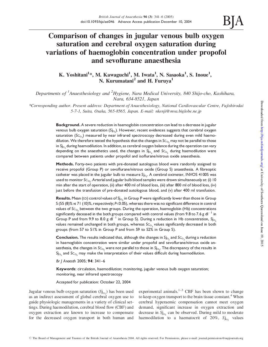 عکس صفحه اول مقاله: Comparison of changes in jugular venous bulb oxygen saturation and cerebral oxygen saturation during variations of haemoglobin concentration under propofol and sevoflurane anaesthesia Comparison of changes in jugular venous bulb oxygen saturation and cerebral oxygen saturation during variations of haemoglobin concentration under propofol and sevoflurane anaesthesia