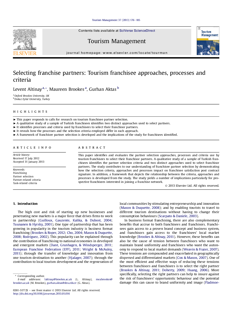 Selecting franchise partners: Tourism franchisee approaches, processes and criteria