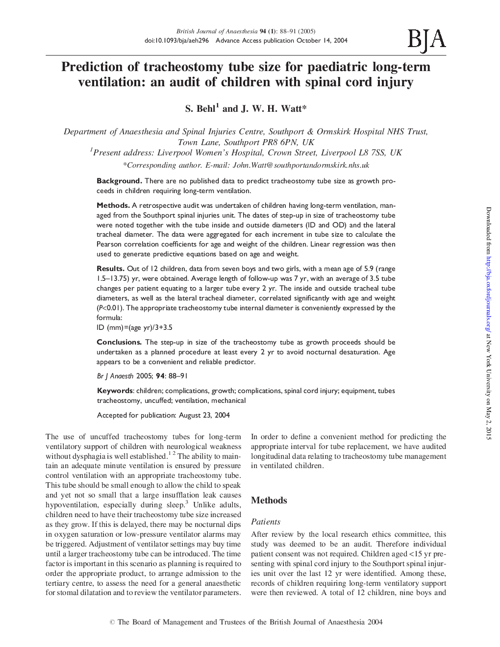 Prediction of tracheostomy tube size for paediatric long-term ventilation: an audit of children with spinal cord injury