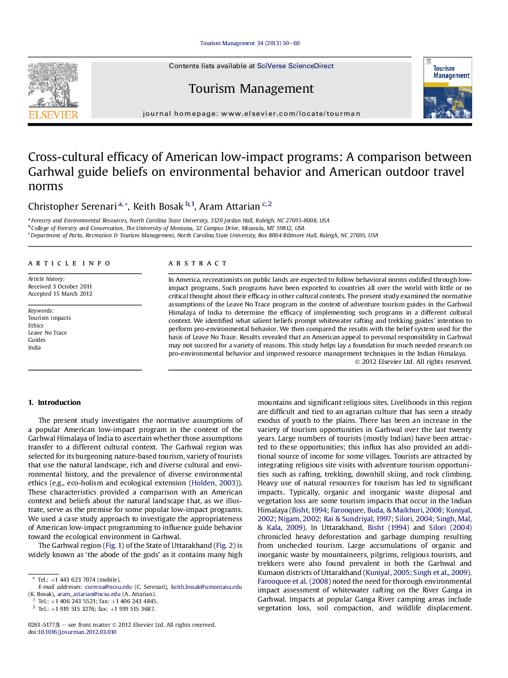 Cross-cultural efficacy of American low-impact programs: A comparison between Garhwal guide beliefs on environmental behavior and American outdoor travel norms