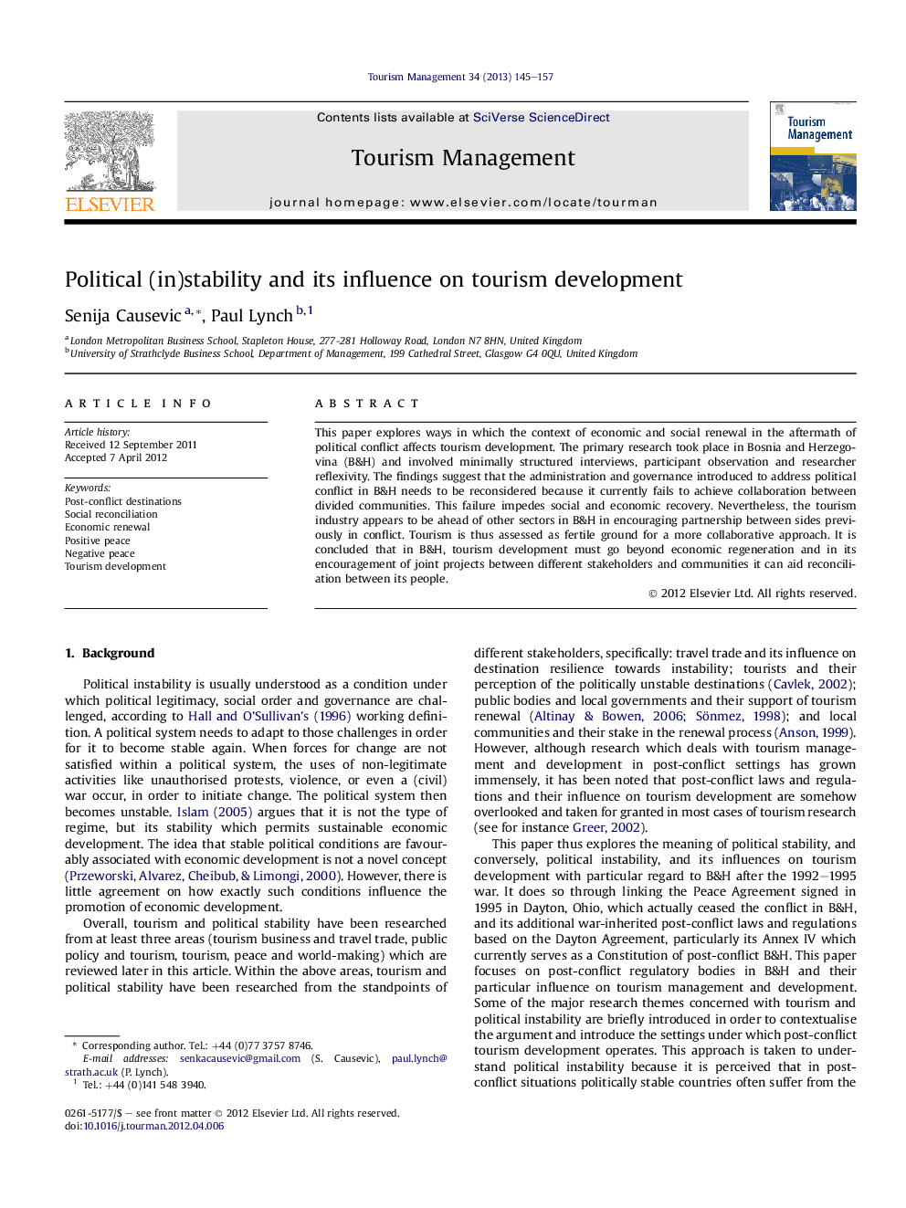 Political (in)stability and its influence on tourism development