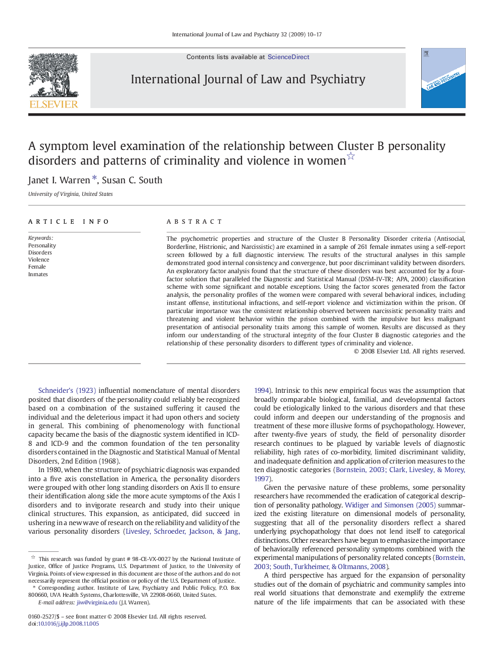 A symptom level examination of the relationship between Cluster B personality disorders and patterns of criminality and violence in women 