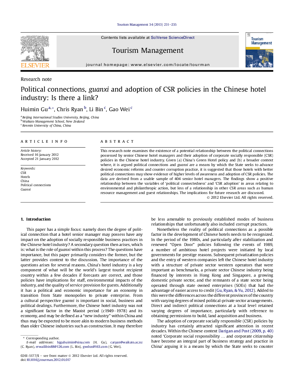 Political connections, guanxi and adoption of CSR policies in the Chinese hotel industry: Is there a link?