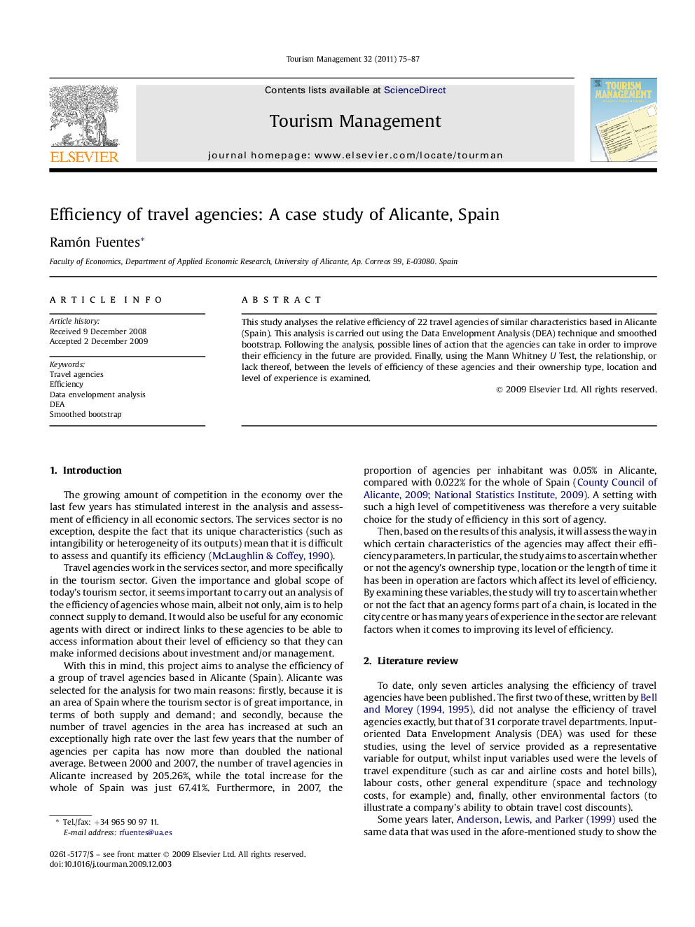 Efficiency of travel agencies: A case study of Alicante, Spain