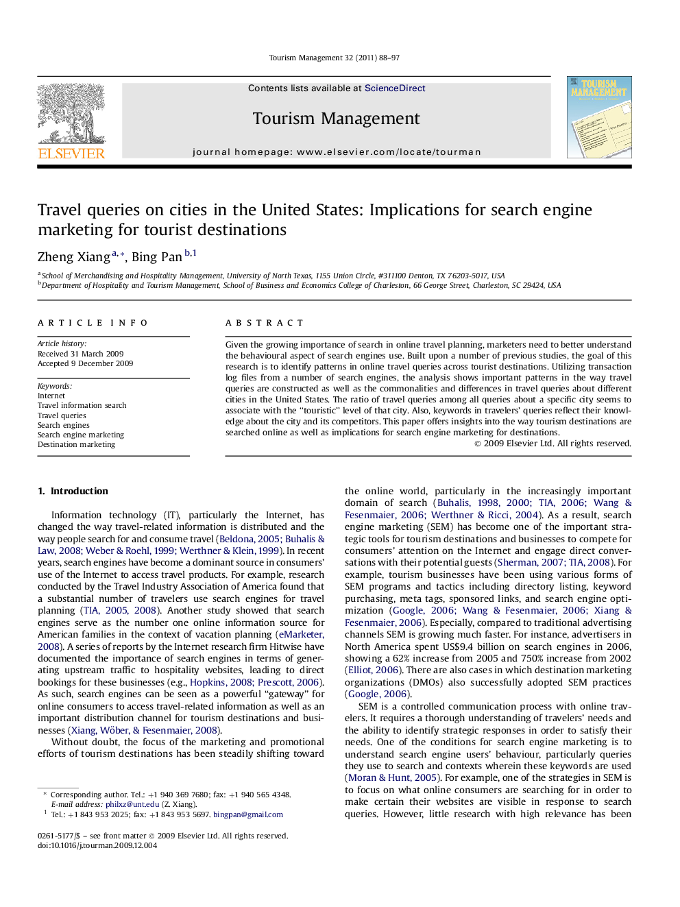 Travel queries on cities in the United States: Implications for search engine marketing for tourist destinations