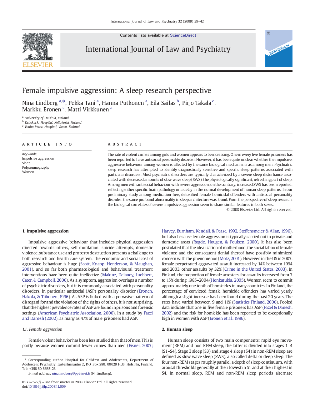 Female impulsive aggression: A sleep research perspective