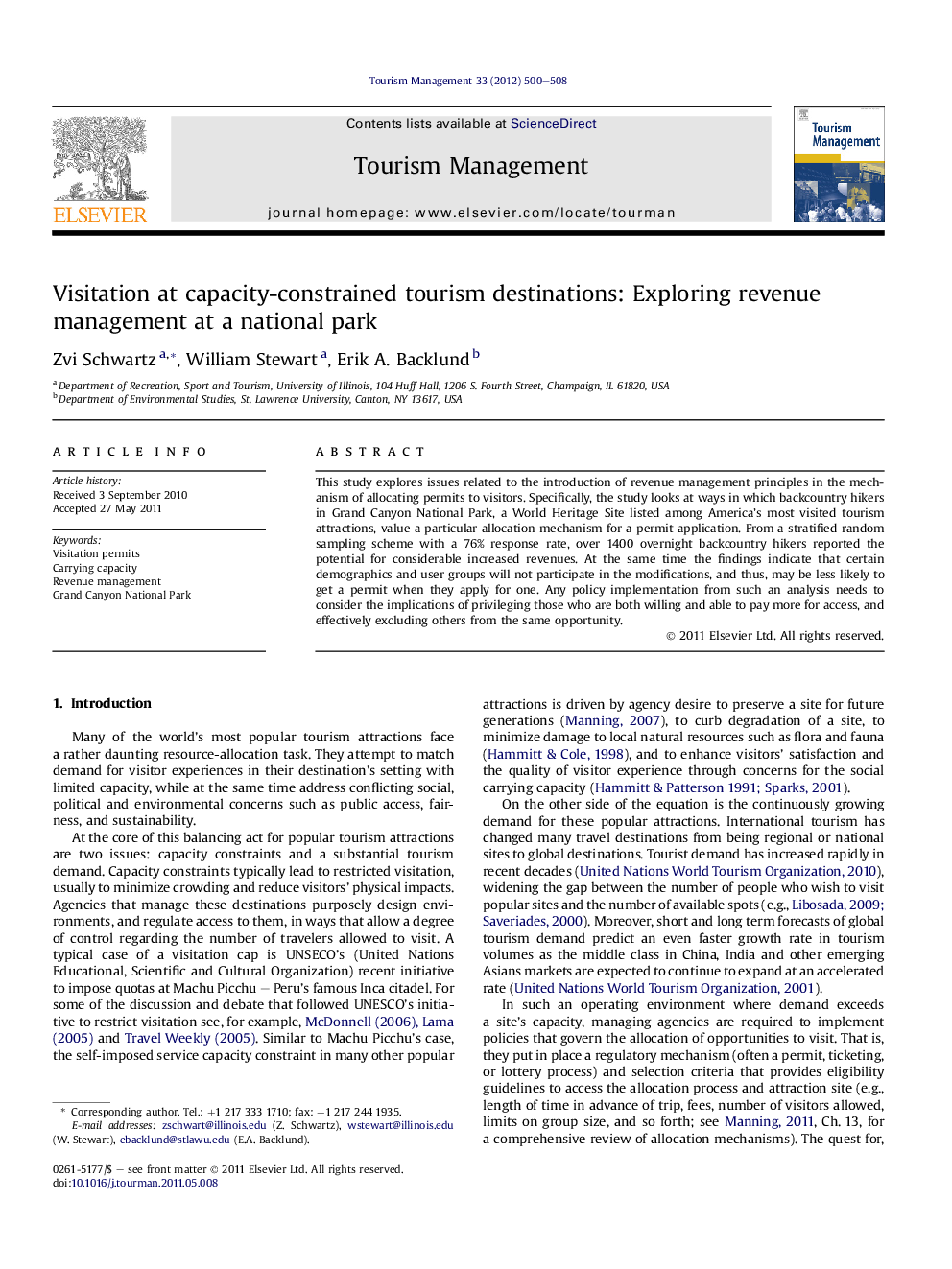 Visitation at capacity-constrained tourism destinations: Exploring revenue management at a national park