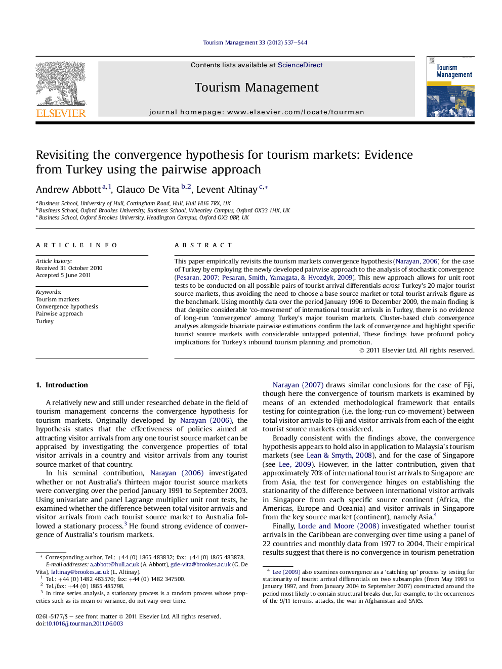 Revisiting the convergence hypothesis for tourism markets: Evidence from Turkey using the pairwise approach