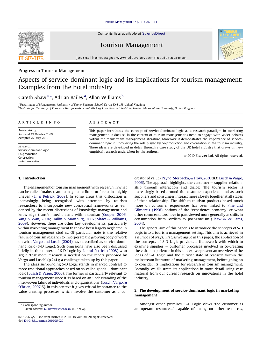 Aspects of service-dominant logic and its implications for tourism management: Examples from the hotel industry