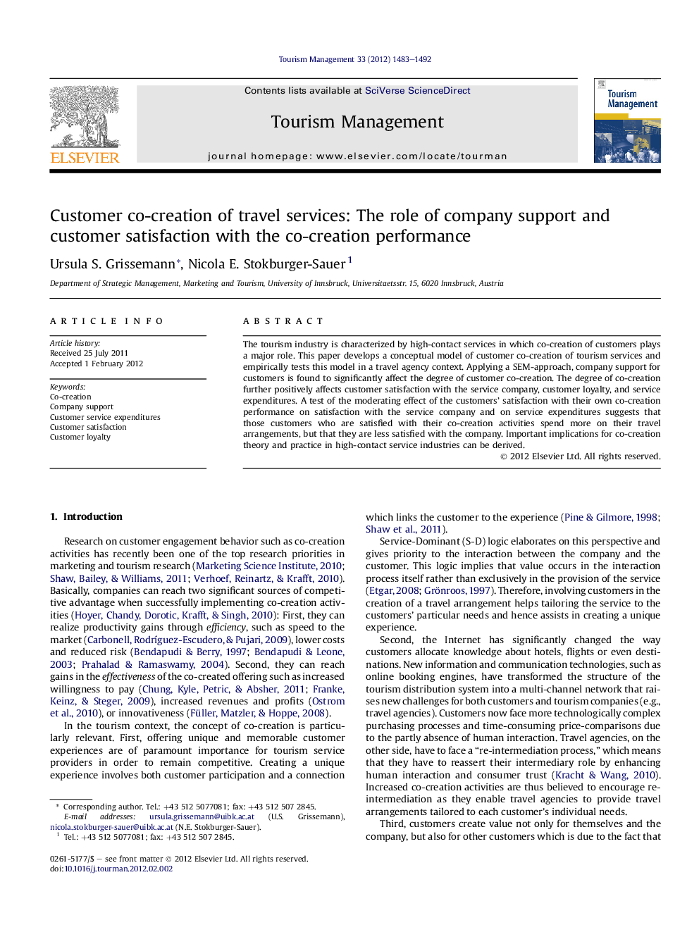 Customer co-creation of travel services: The role of company support and customer satisfaction with the co-creation performance