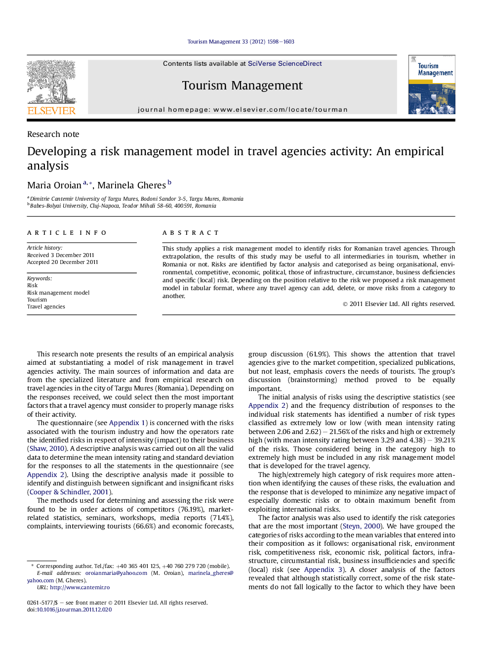 Developing a risk management model in travel agencies activity: An empirical analysis