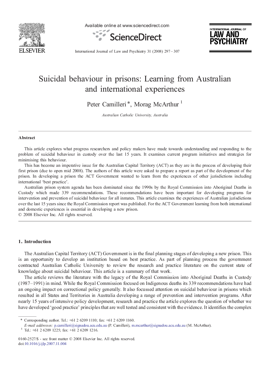 Suicidal behaviour in prisons: Learning from Australian and international experiences