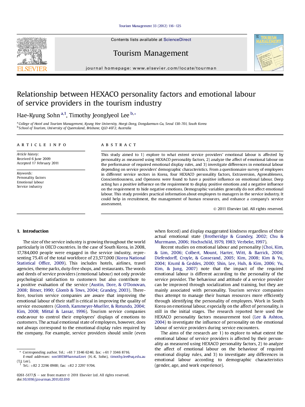 Relationship between HEXACO personality factors and emotional labour of service providers in the tourism industry