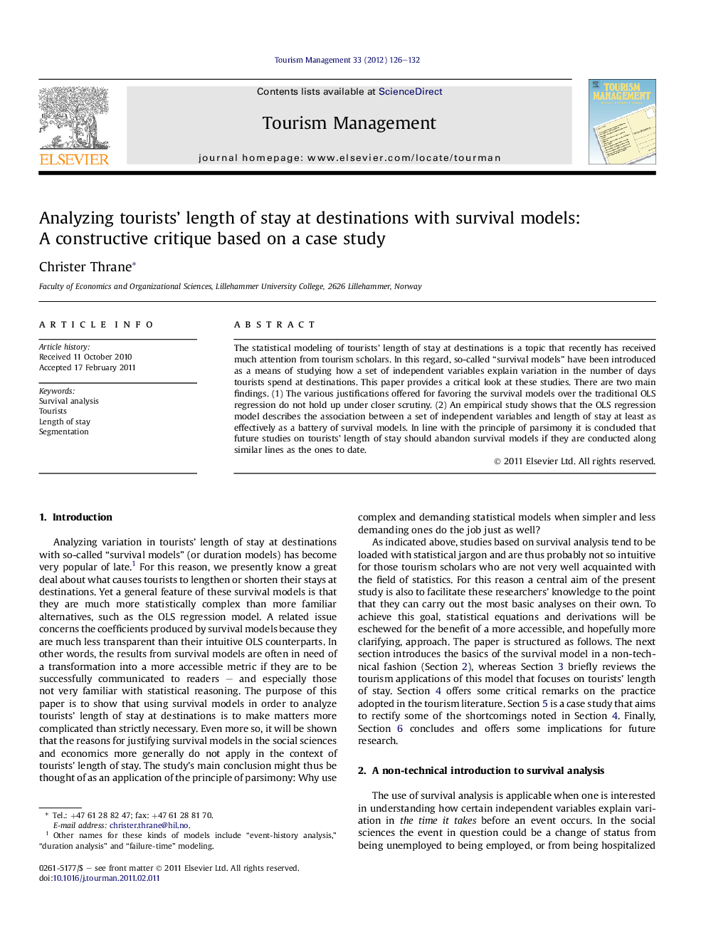 Analyzing tourists’ length of stay at destinations with survival models: A constructive critique based on a case study