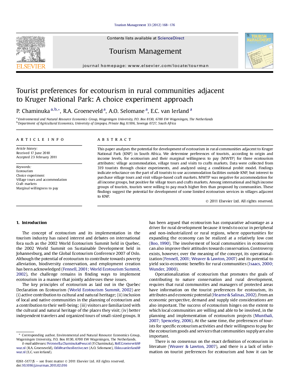 Tourist preferences for ecotourism in rural communities adjacent to Kruger National Park: A choice experiment approach