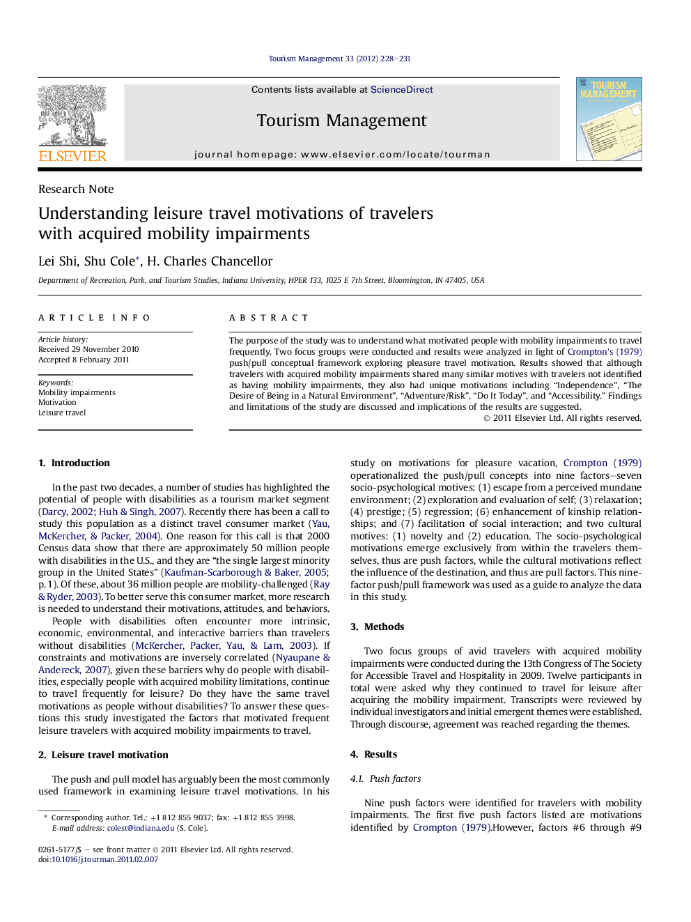 Understanding leisure travel motivations of travelers with acquired mobility impairments