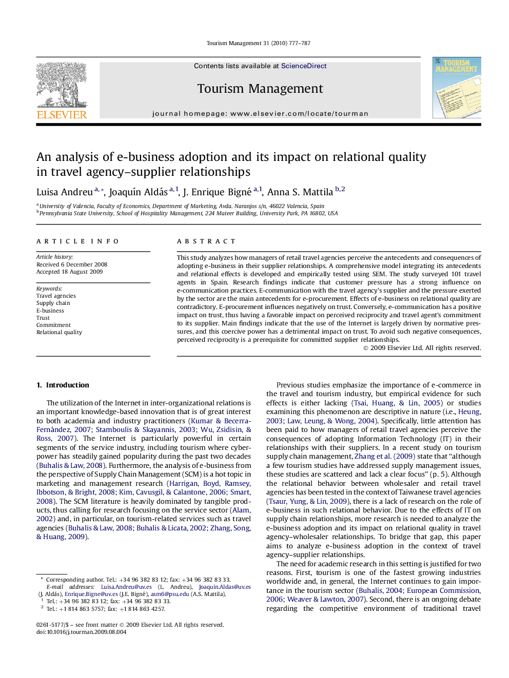 An analysis of e-business adoption and its impact on relational quality in travel agency–supplier relationships