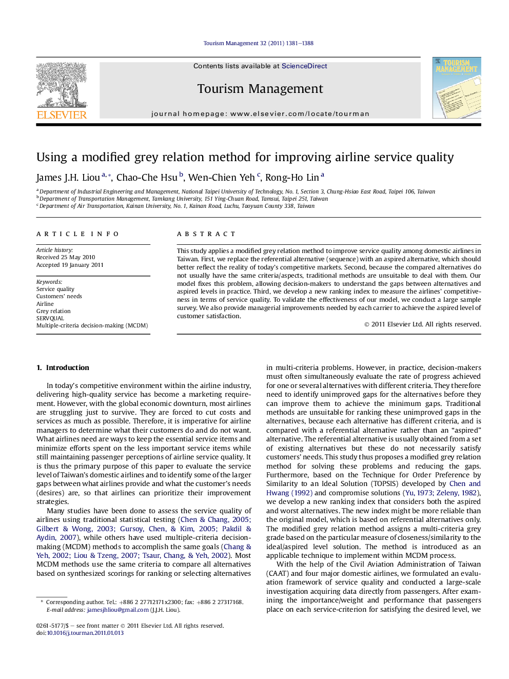 Using a modified grey relation method for improving airline service quality