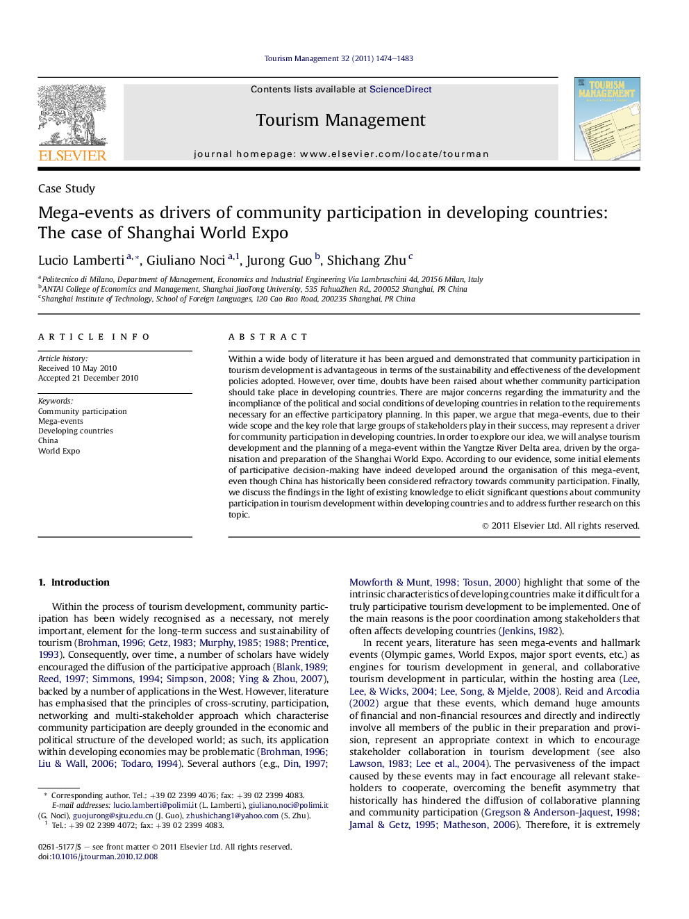 Mega-events as drivers of community participation in developing countries: The case of Shanghai World Expo