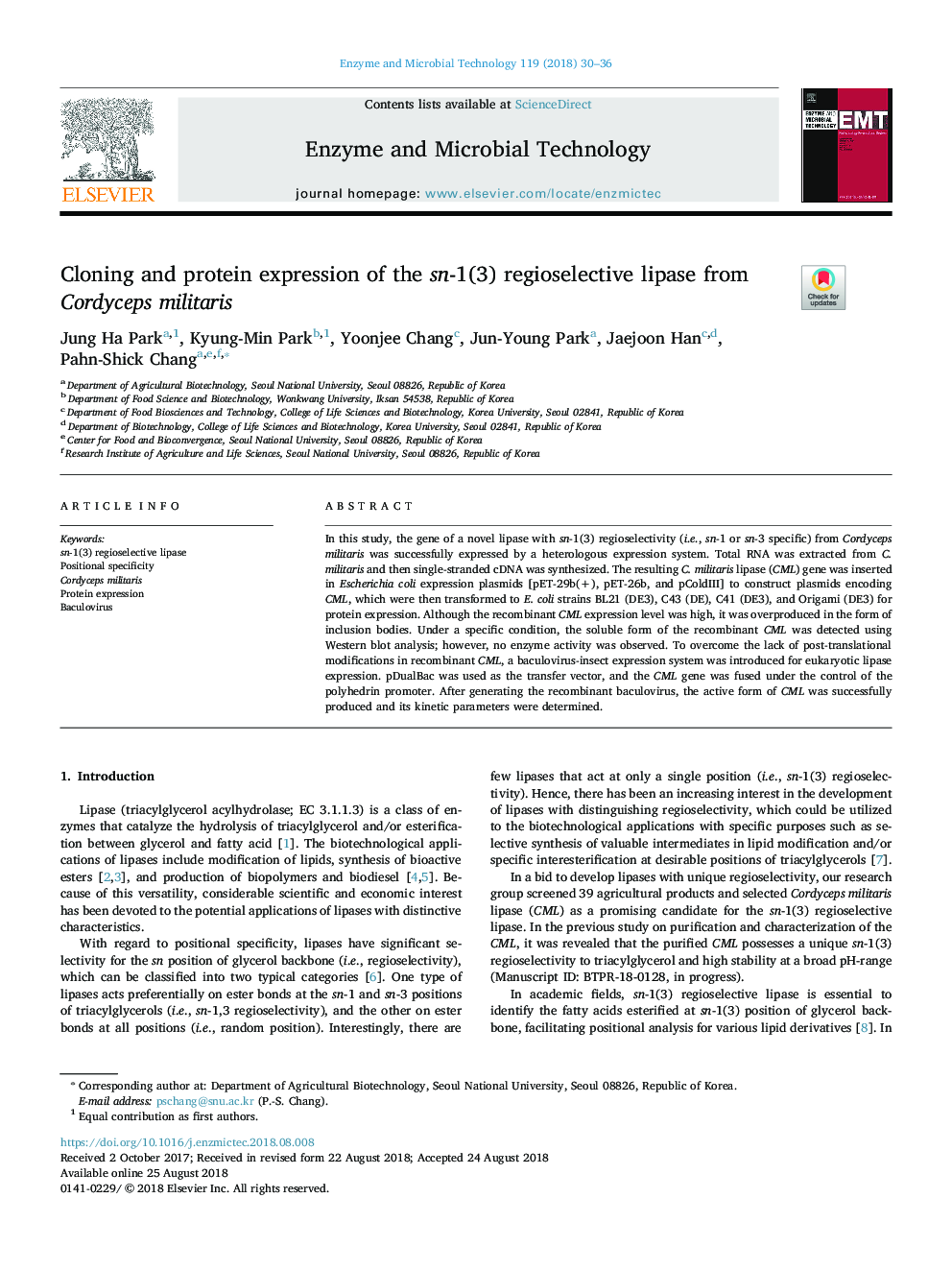 Cloning and protein expression of the sn-1(3) regioselective lipase from Cordyceps militaris