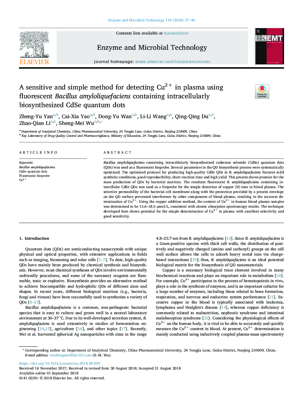 A sensitive and simple method for detecting Cu2+ in plasma using fluorescent Bacillus amyloliquefaciens containing intracellularly biosynthesized CdSe quantum dots