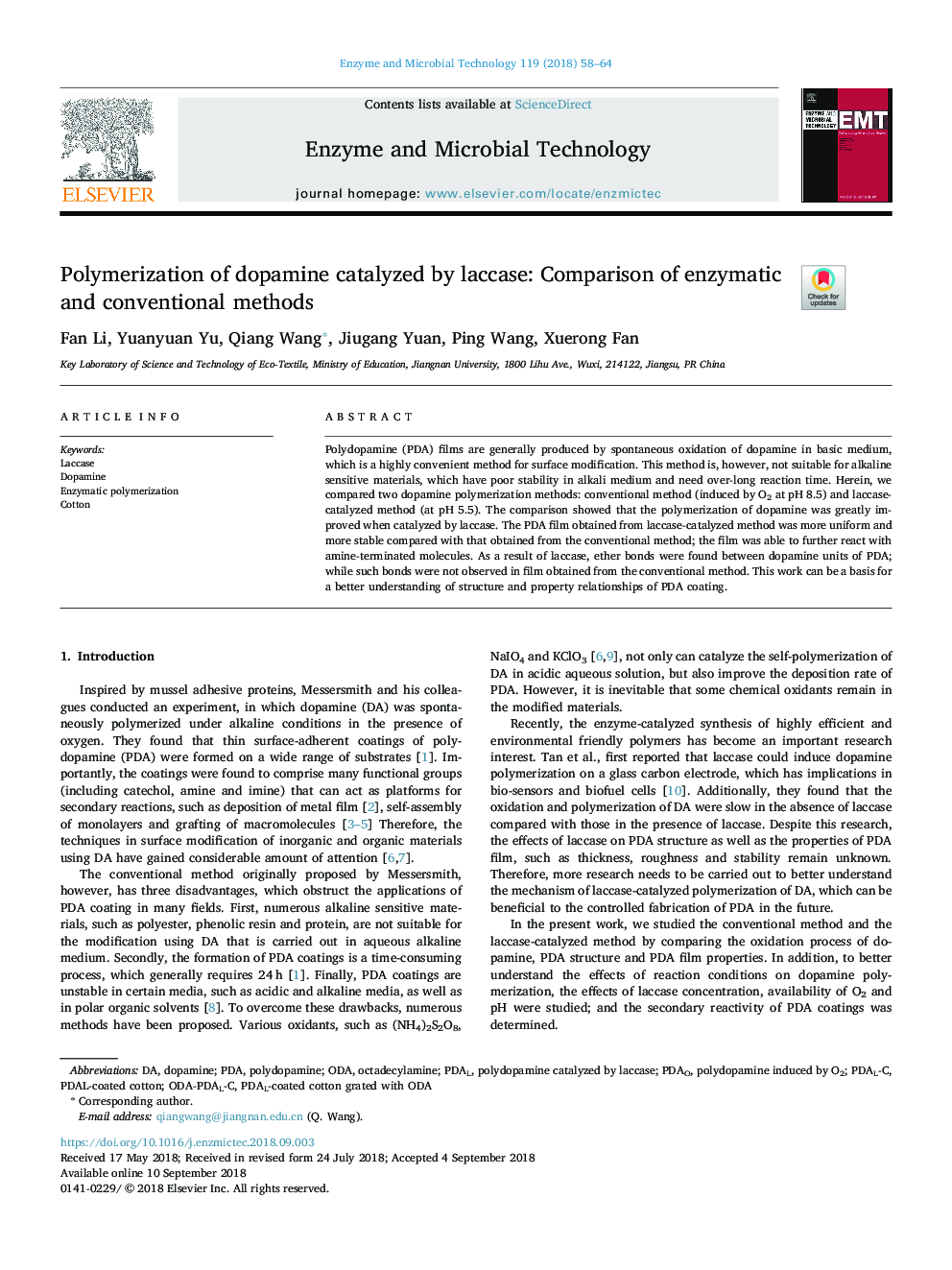 Polymerization of dopamine catalyzed by laccase: Comparison of enzymatic and conventional methods