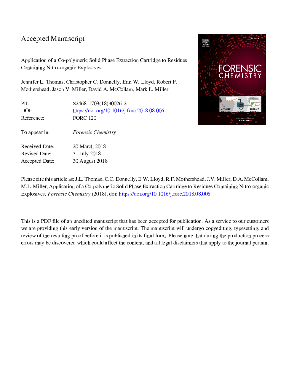 Application of a co-polymeric solid phase extraction cartridge to residues containing nitro-organic explosives