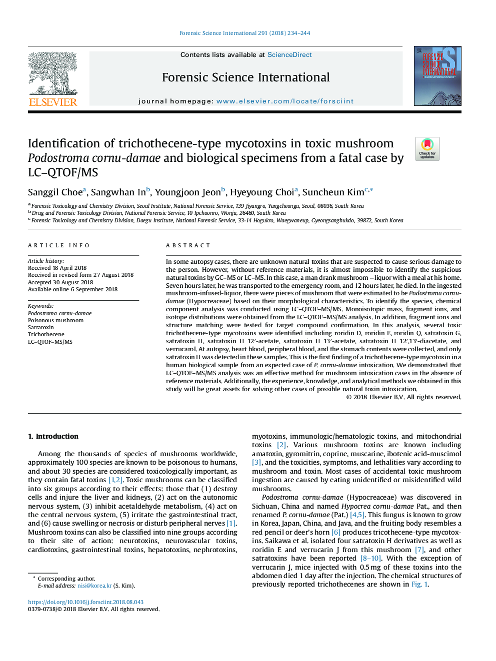 Identification of trichothecene-type mycotoxins in toxic mushroom Podostroma cornu-damae and biological specimens from a fatal case by LC-QTOF/MS