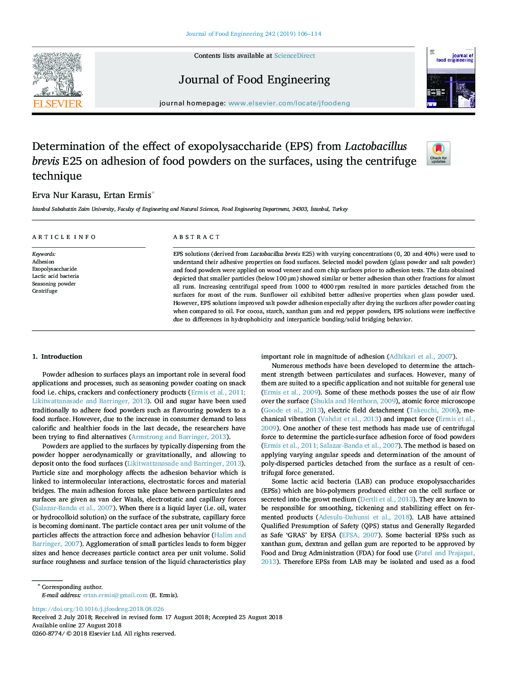Determination of the effect of exopolysaccharide (EPS) from Lactobacillus brevis E25 on adhesion of food powders on the surfaces, using the centrifuge technique