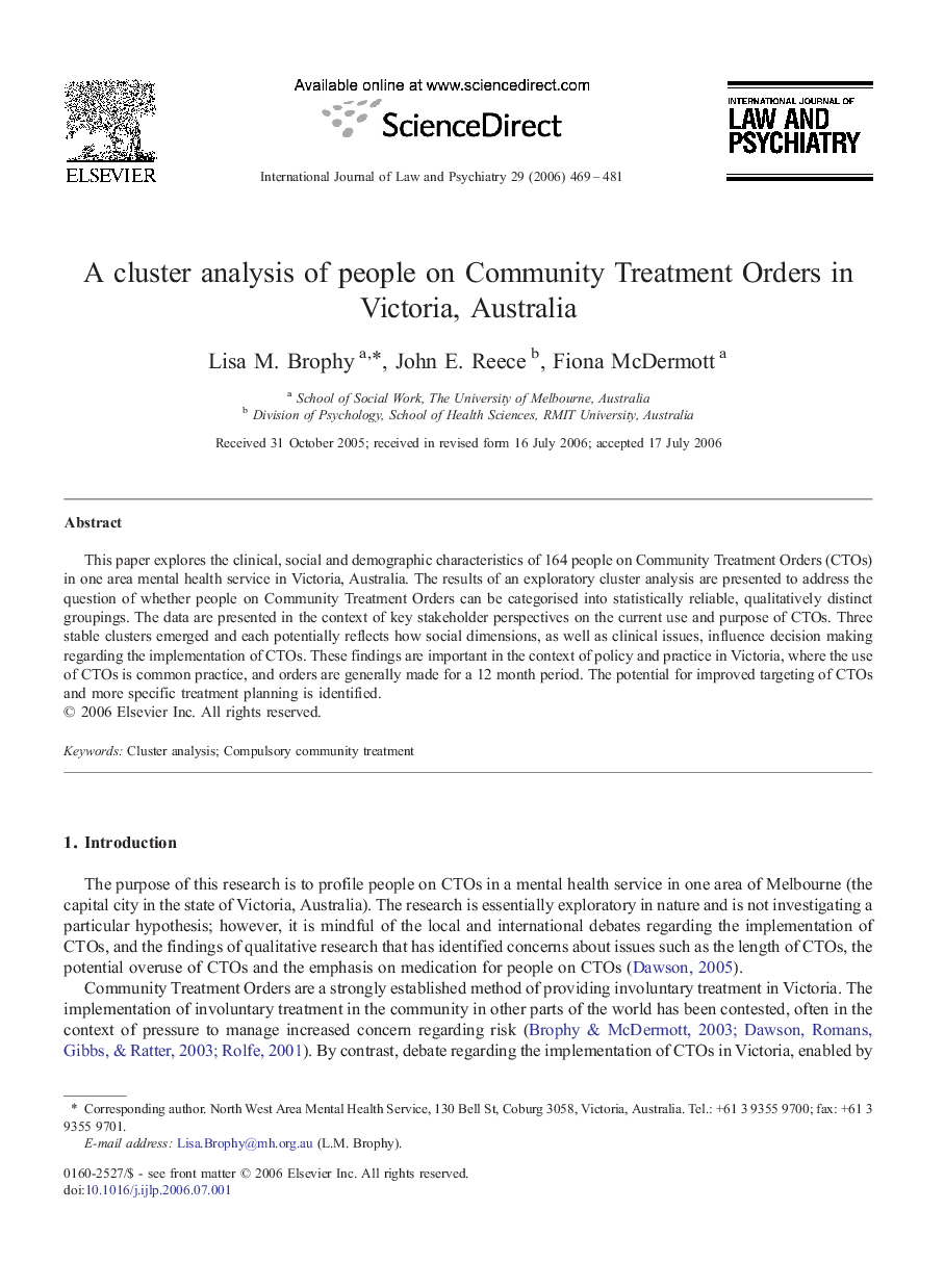 A cluster analysis of people on Community Treatment Orders in Victoria, Australia