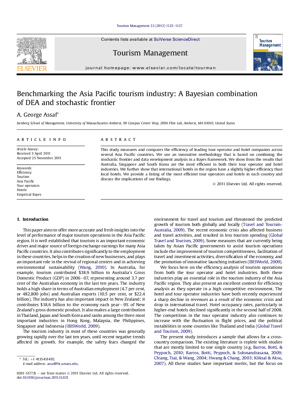 Benchmarking the Asia Pacific tourism industry: A Bayesian combination of DEA and stochastic frontier