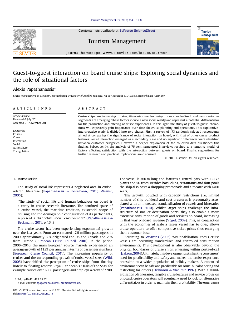 Guest-to-guest interaction on board cruise ships: Exploring social dynamics and the role of situational factors