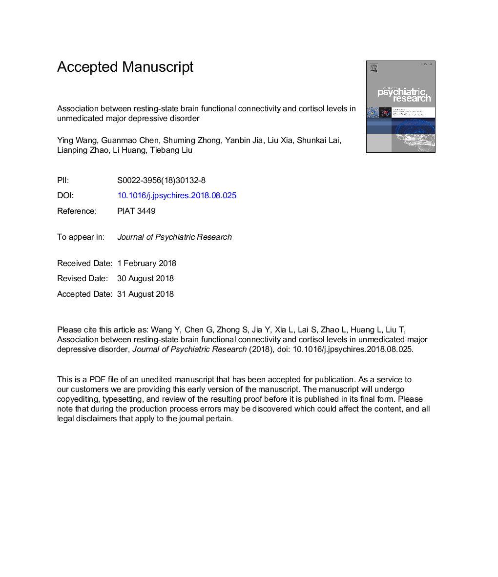 Association between resting-state brain functional connectivity and cortisol levels in unmedicated major depressive disorder